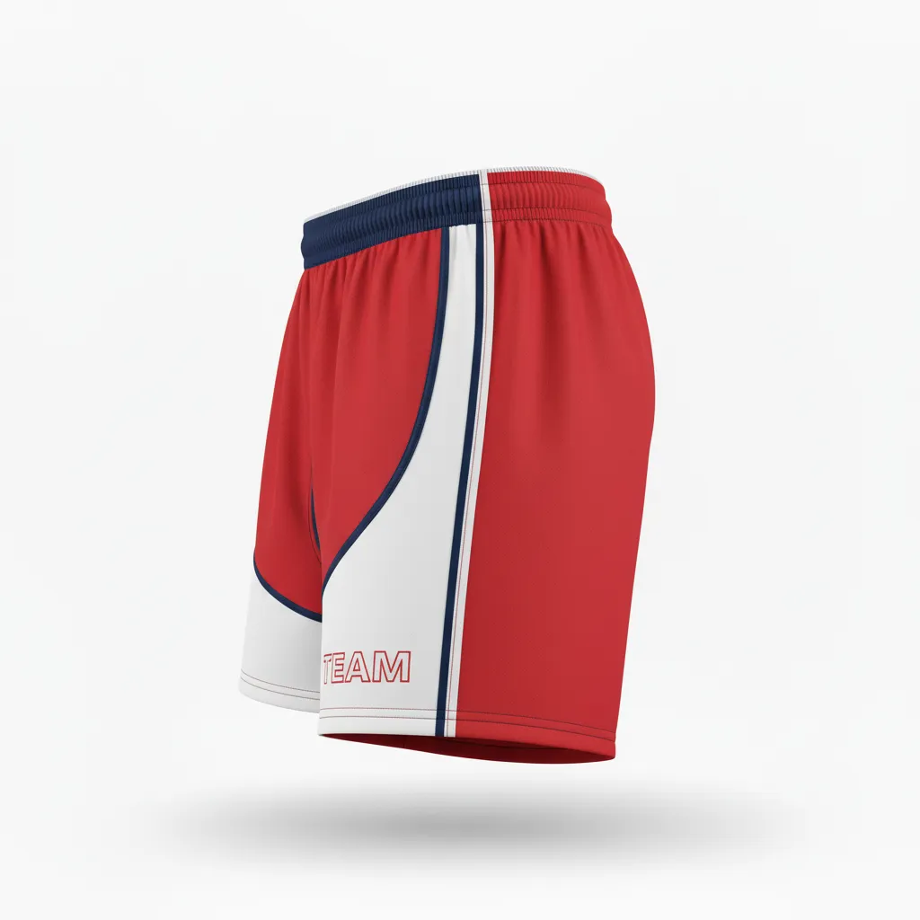 Custom Rugby Two Tone Shorts - Red, White, Navy - Athletic - Side View - Kinexa Sportswear