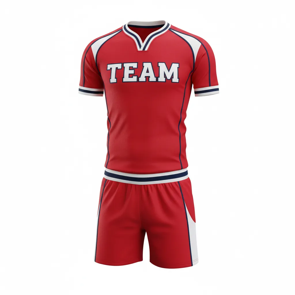Custom Rugby V Neck Rugby Uniforms - Red, White, Navy - Athletic - Front View - Kinexa Sportswear