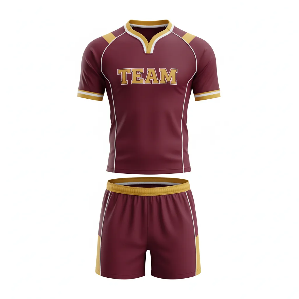 Custom Rugby V Neck Rugby Uniforms - Burgundy, Gold, White - Vegas - Front View - Kinexa Sportswear