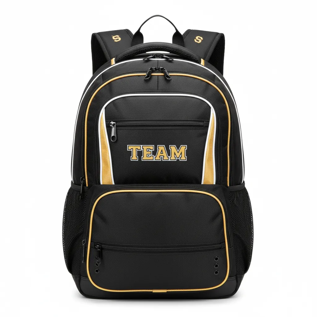 Custom Soccer Backpack - Black, Gold, White - Front View - Kinexa Sportswear