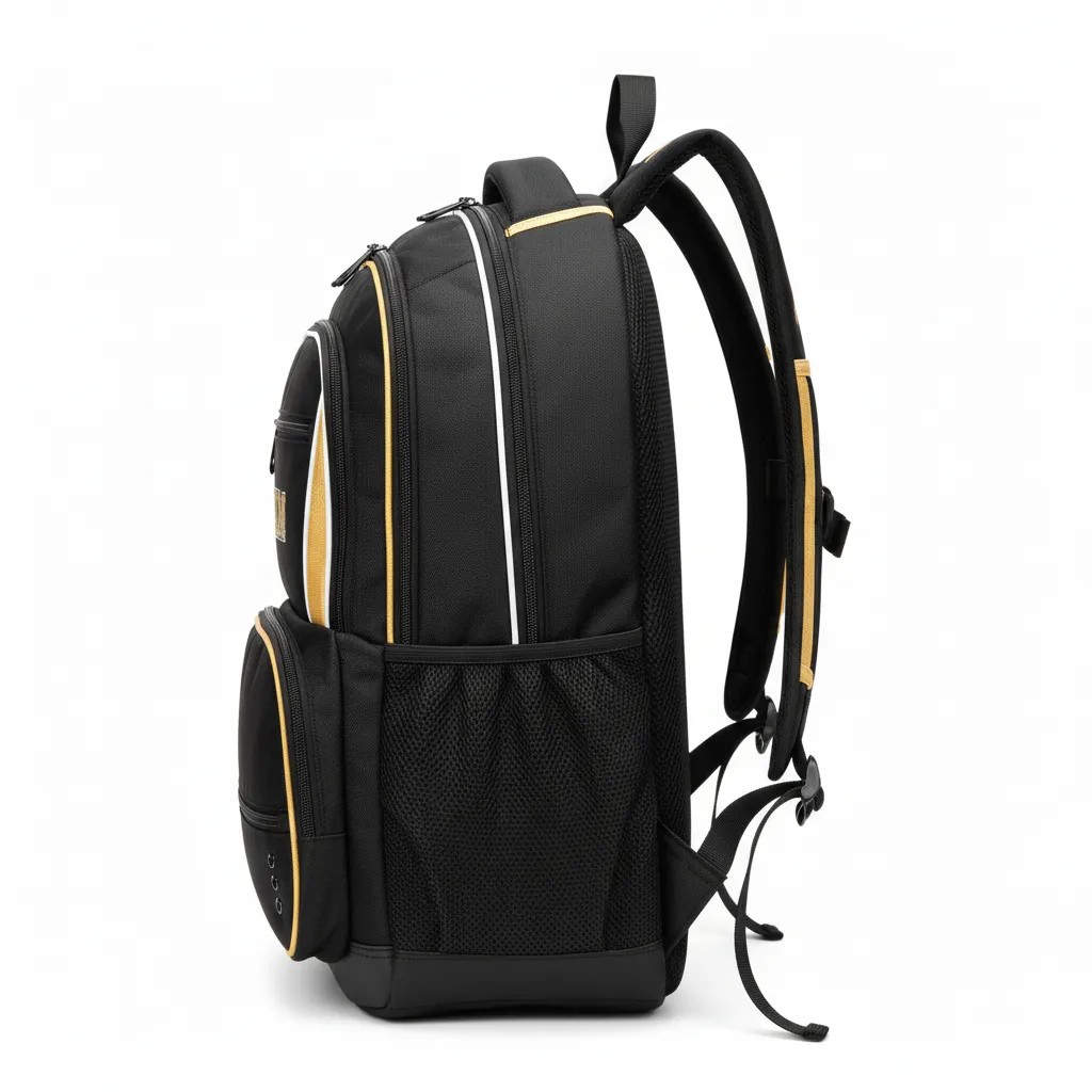 Custom Soccer Backpack - Black, Gold, White - Side View - Kinexa Sportswear