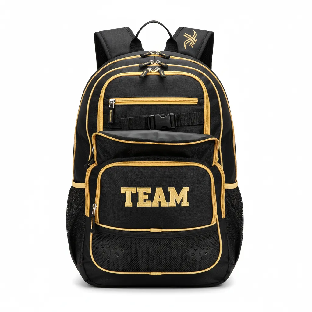 Custom Soccer Backpack - Black, Gold - Vegas - Front View - Kinexa Sportswear