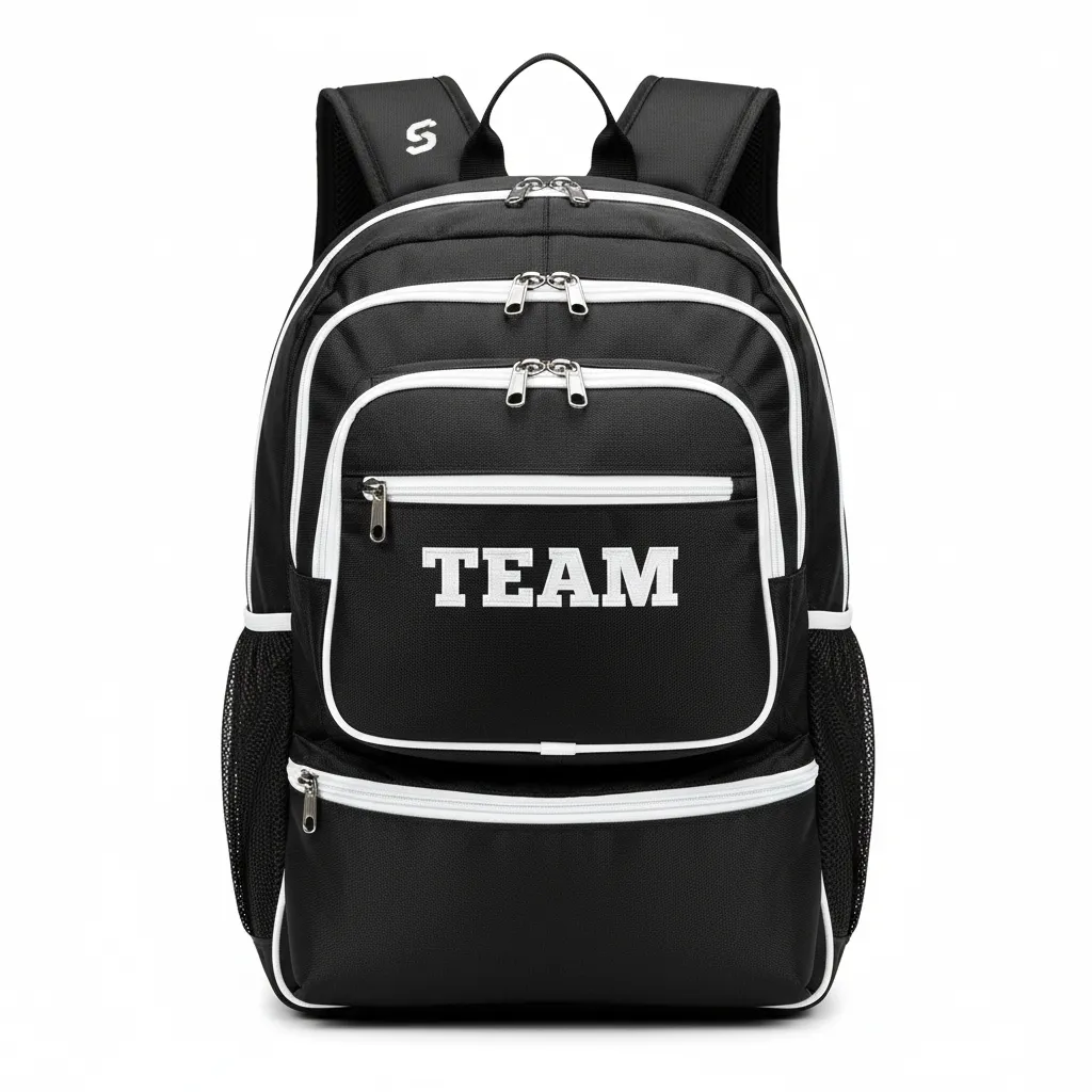 Custom Soccer Backpack - Black, White - Front View - Kinexa Sportswear