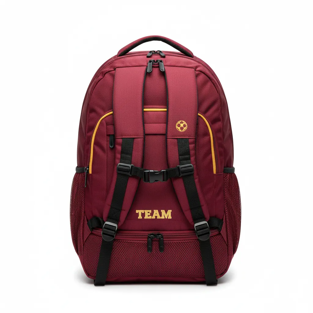 Custom Soccer Backpack - Burgundy, Gold - Front View - Kinexa Sportswear