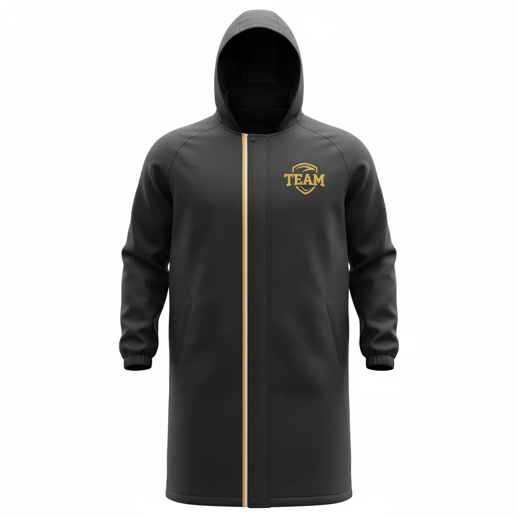 Custom Soccer Bench Jacket - Black, Gold, White - Coat - Front View - Kinexa Sportswear