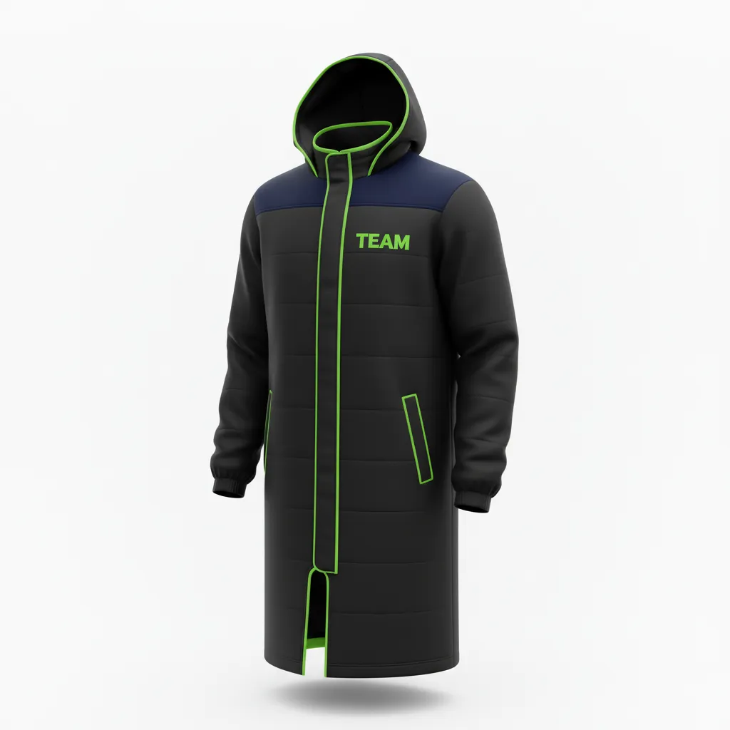 Custom Soccer Bench Jacket - Black, Green - Coat Neon - Front View - Kinexa Sportswear