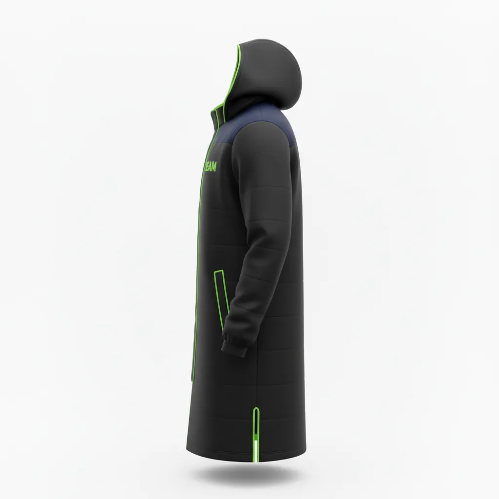 Custom Soccer Bench Jacket - Black, Green - Coat Neon - Side View - Kinexa Sportswear