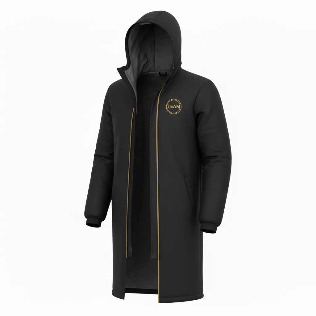 Custom Soccer Bench Jacket - Black, Gold - Coat Vegas - Front View - Kinexa Sportswear