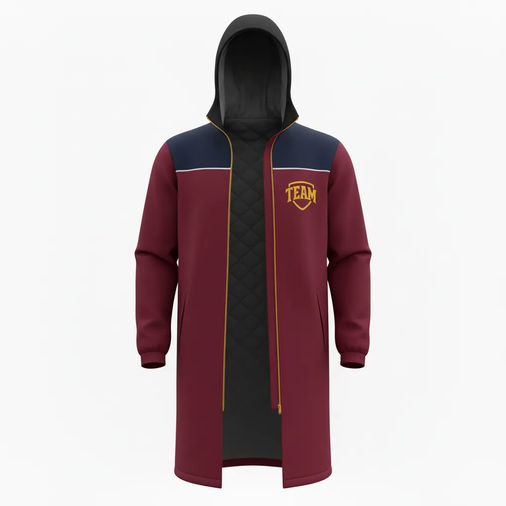 Custom Soccer Bench Jacket - Burgundy, Gold - Coat - Front View - Kinexa Sportswear