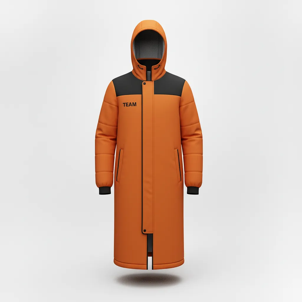 Custom Soccer Bench Jacket - Burnt, Orange, Black - Coat - Front View - Kinexa Sportswear