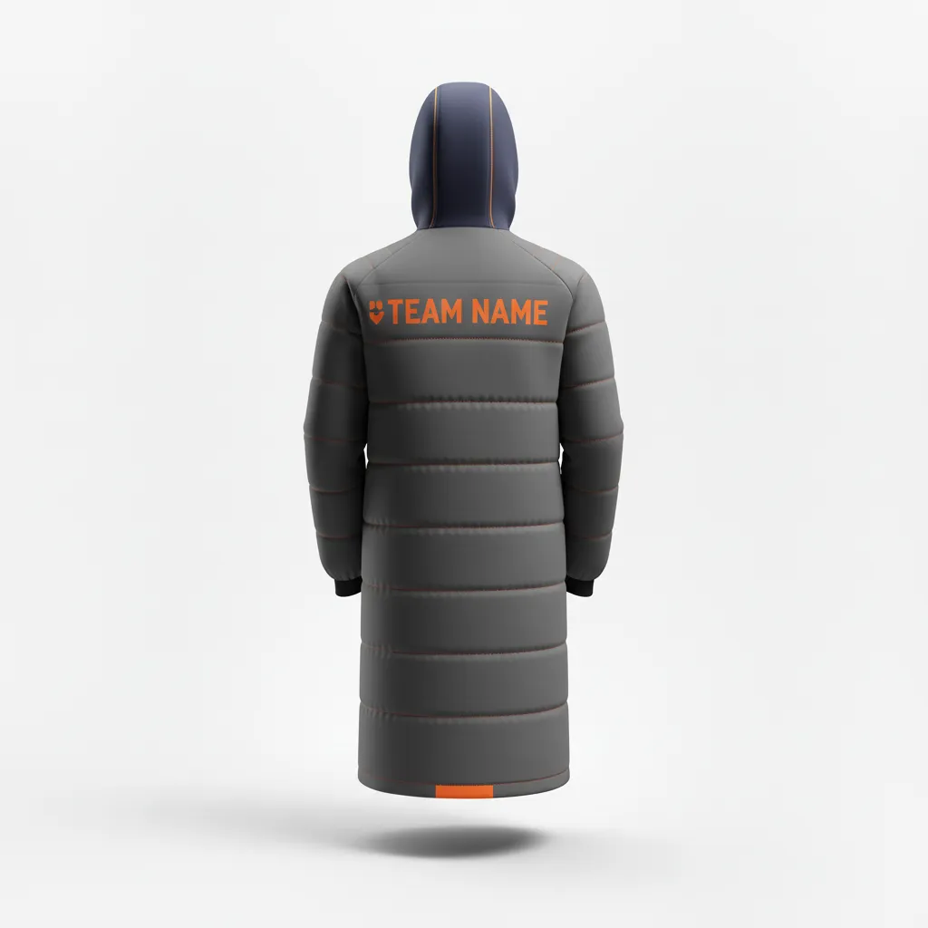 Custom Soccer Bench Jacket - Orange - Coat Charcoal Neon - Back View - Kinexa Sportswear