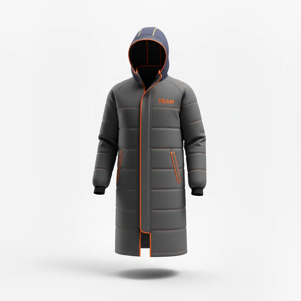 Custom Soccer Bench Jacket - Orange - Coat Charcoal Neon - Front View - Kinexa Sportswear