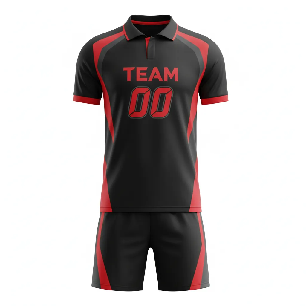 Custom Soccer Collard Soccer Uniform - Black, Red, Grey - Collared Modern Tech - Front View - Kinexa Sportswear