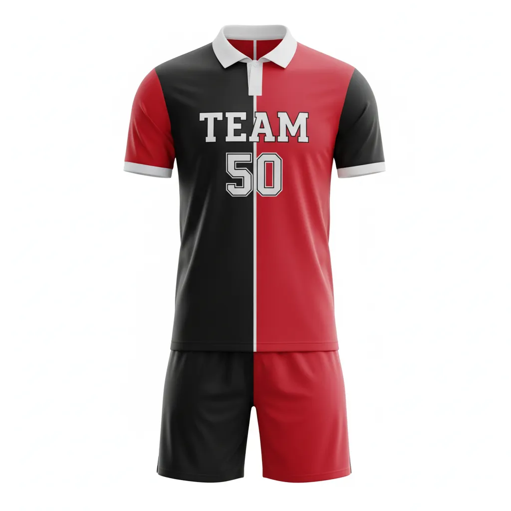 Custom Soccer Collard Soccer Uniform - Black, Red, White - Collared Split - Front View - Kinexa Sportswear