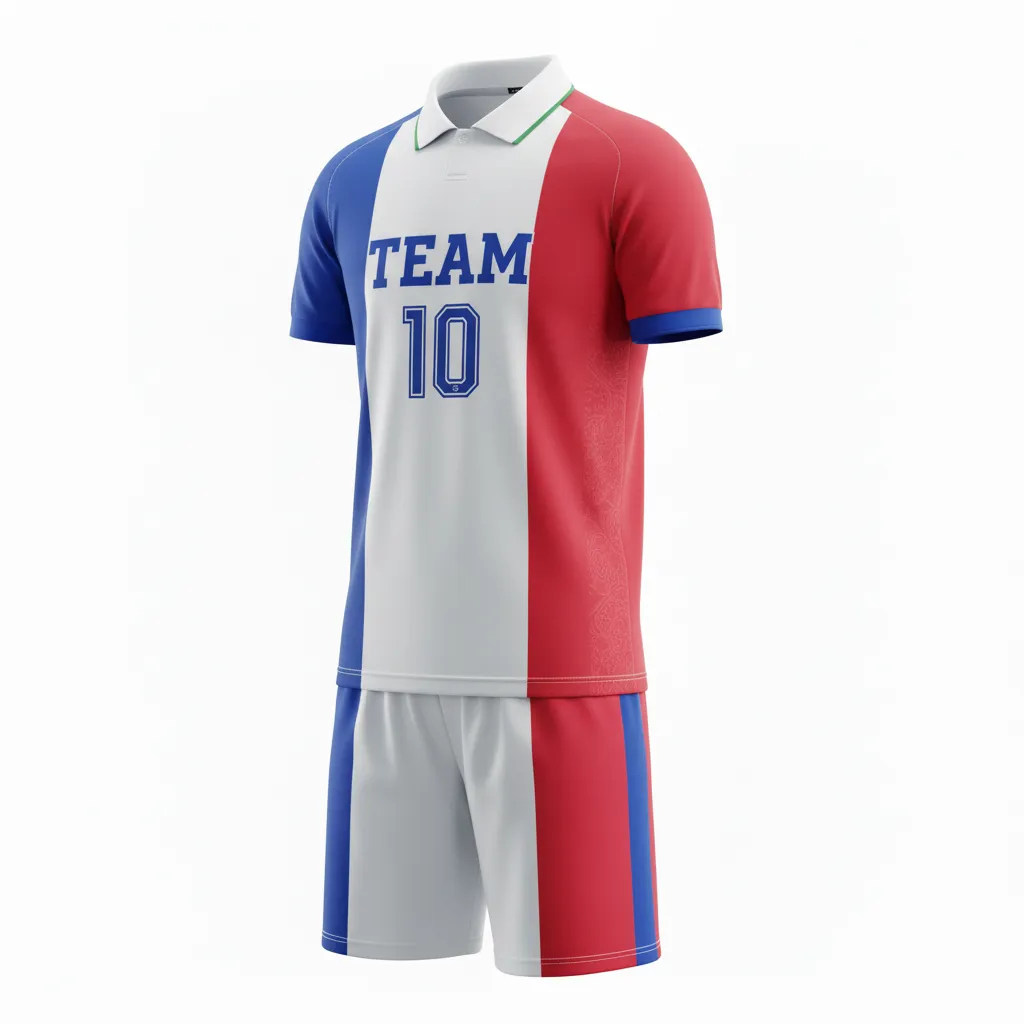 Custom Soccer Collard Soccer Uniform - Blue, White, Red - Collared French - Front View - Kinexa Sportswear
