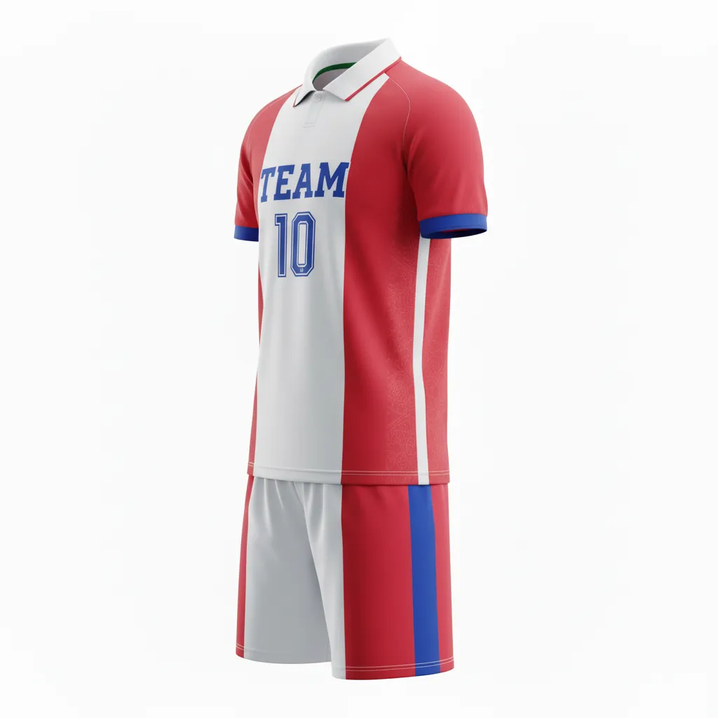Custom Soccer Collard Soccer Uniform - Blue, White, Red - Collared French - Side View - Kinexa Sportswear