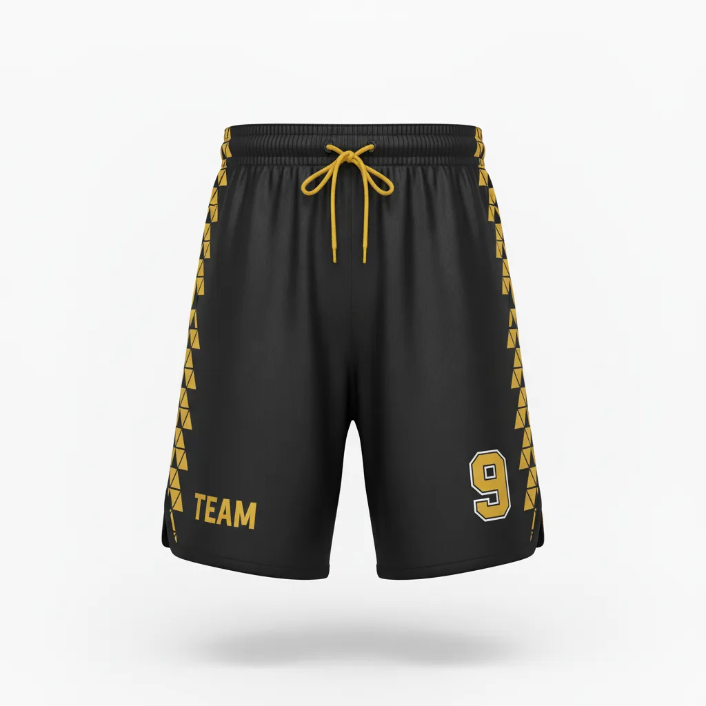 Custom Soccer Custom Soccer Shorts - Black, Gold - Vegas Geometric - Front View - Kinexa Sportswear