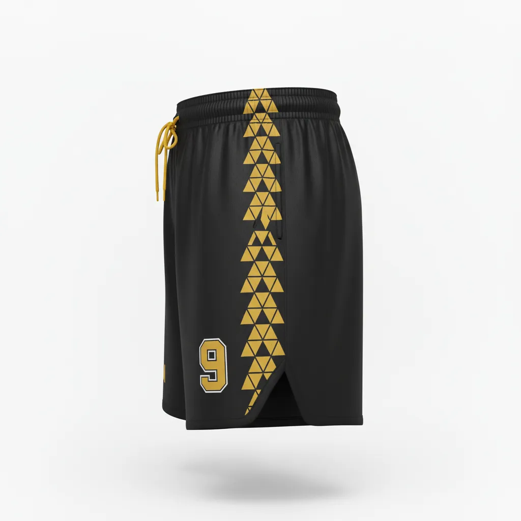 Custom Soccer Custom Soccer Shorts - Black, Gold - Vegas Geometric - Side View - Kinexa Sportswear