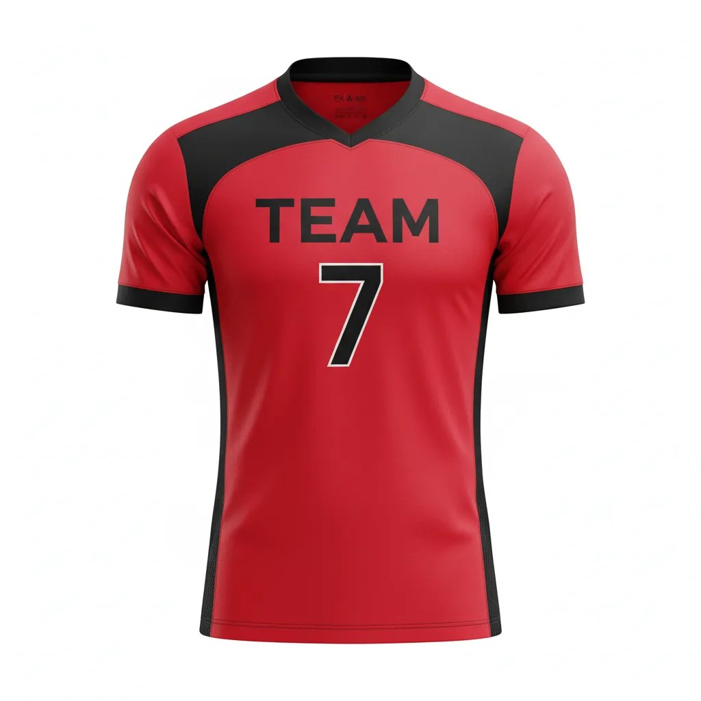 Custom Soccer Custom V Neck Soccer Jersey - Red, Black - Vneck Athletic Shoulder Panels - Front View - Kinexa Sportswear