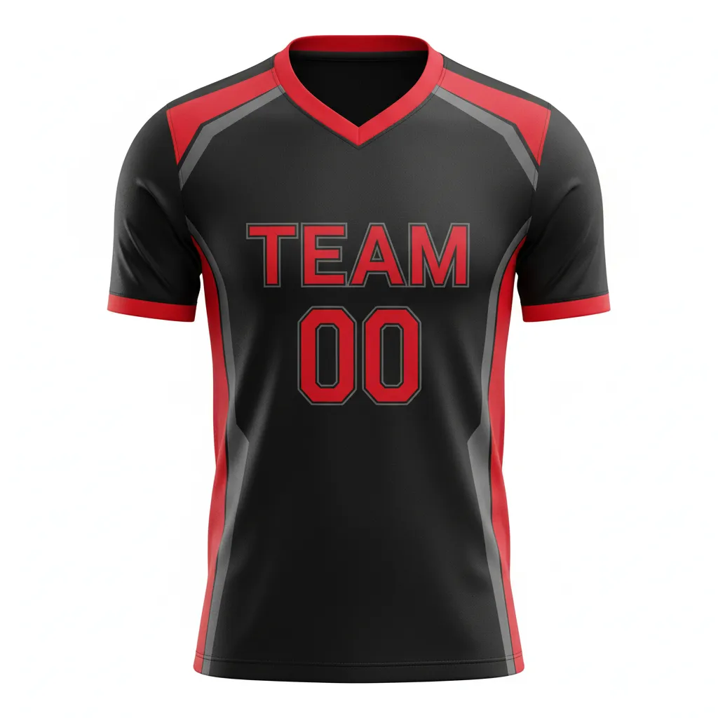 Custom Soccer Custom V Neck Soccer Jersey - Black, Red, Grey - Vneck Modern - Front View - Kinexa Sportswear