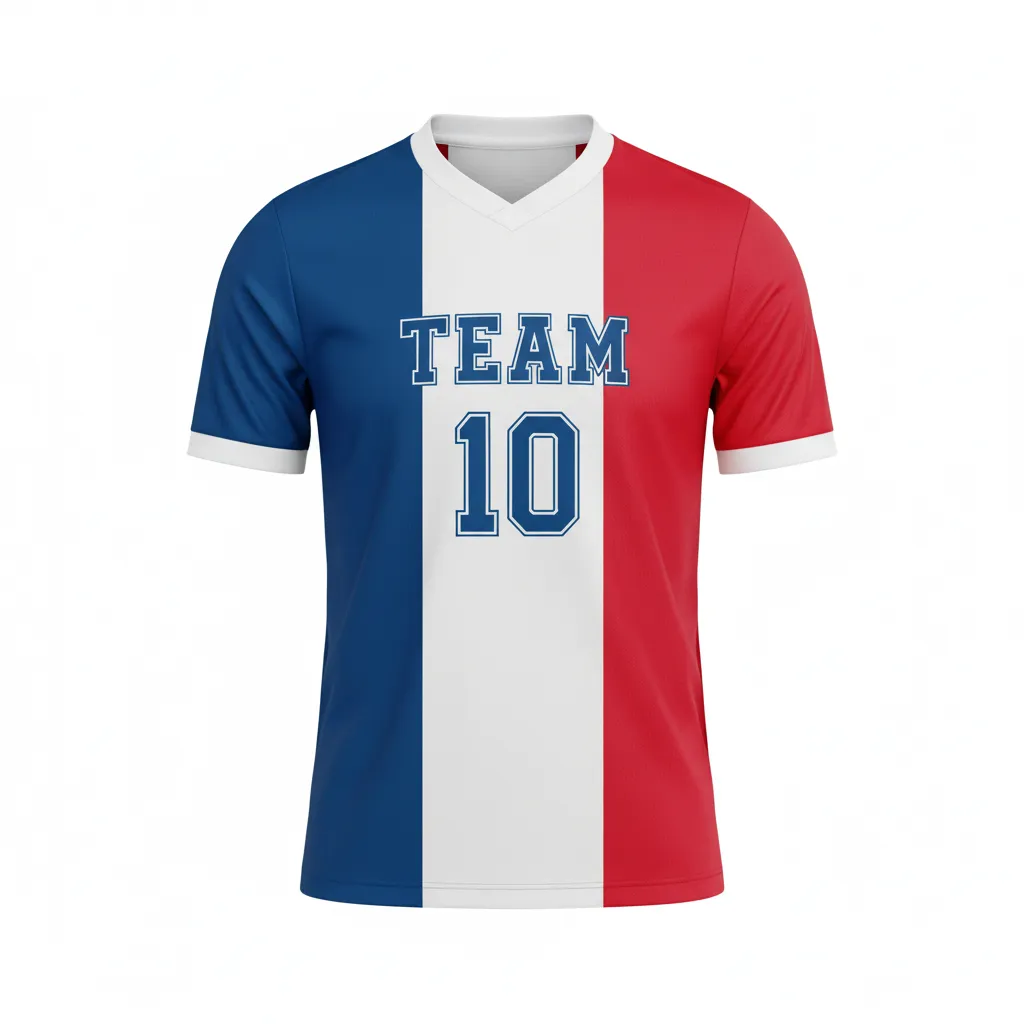 Custom Soccer Custom V Neck Soccer Jersey - Blue, White, Red - Vneck French - Front View - Kinexa Sportswear