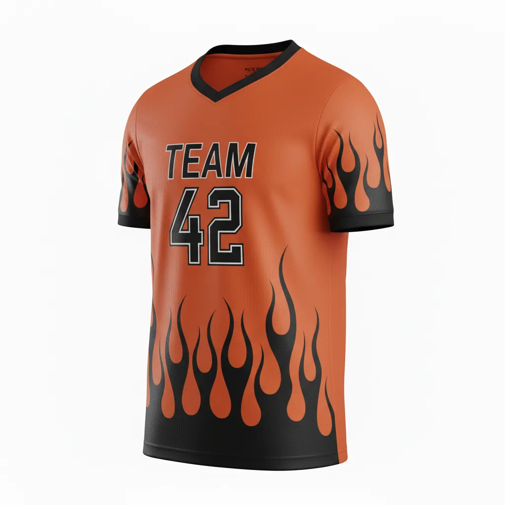 Custom Soccer Custom V Neck Soccer Jersey - Burnt, Orange, Black - Vneck Flame - Front View - Kinexa Sportswear