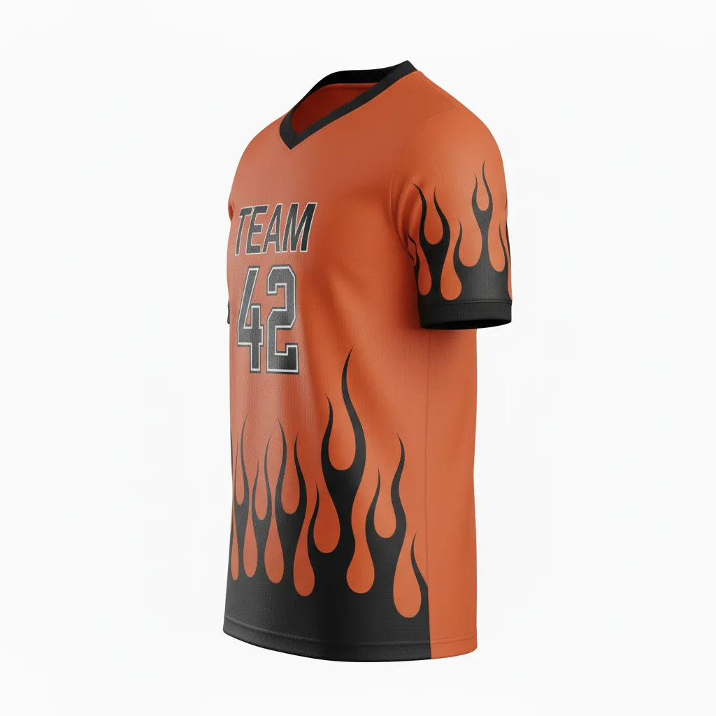 Custom Soccer Custom V Neck Soccer Jersey - Burnt, Orange, Black - Vneck Flame - Side View - Kinexa Sportswear