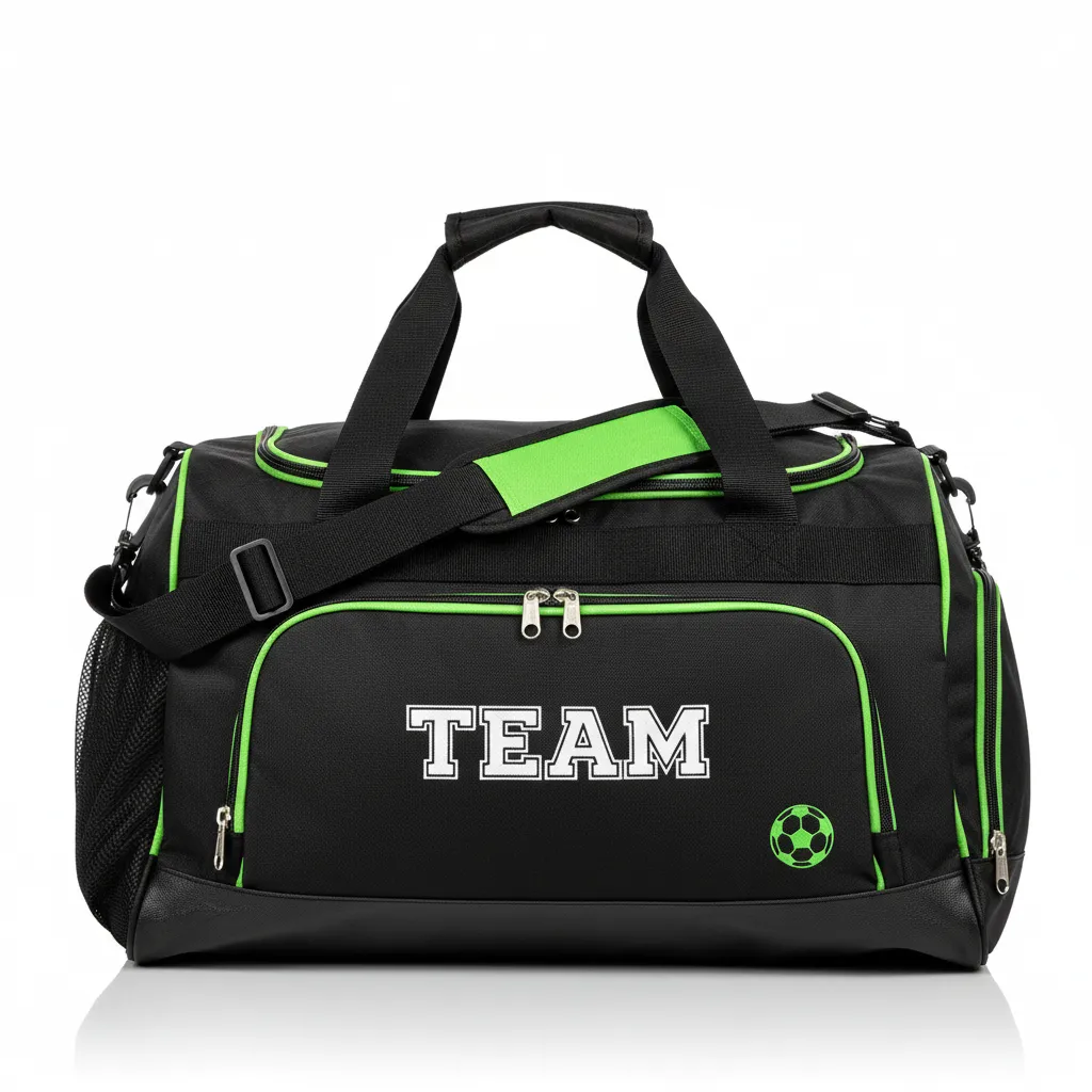 Custom Soccer Duffle Bag - Black, Green - Duffel Neon - Front View - Kinexa Sportswear