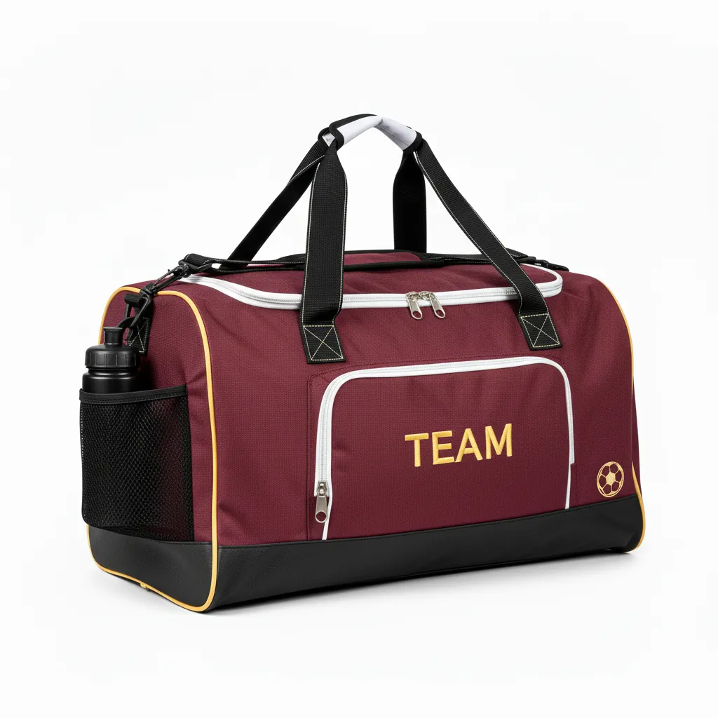 Custom Soccer Duffle Bag - Burgundy, Gold - Duffel - Front View - Kinexa Sportswear