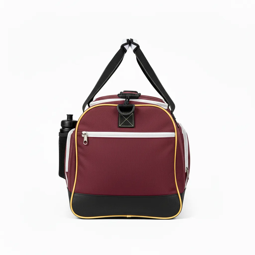 Custom Soccer Duffle Bag - Burgundy, Gold - Duffel - Side View - Kinexa Sportswear