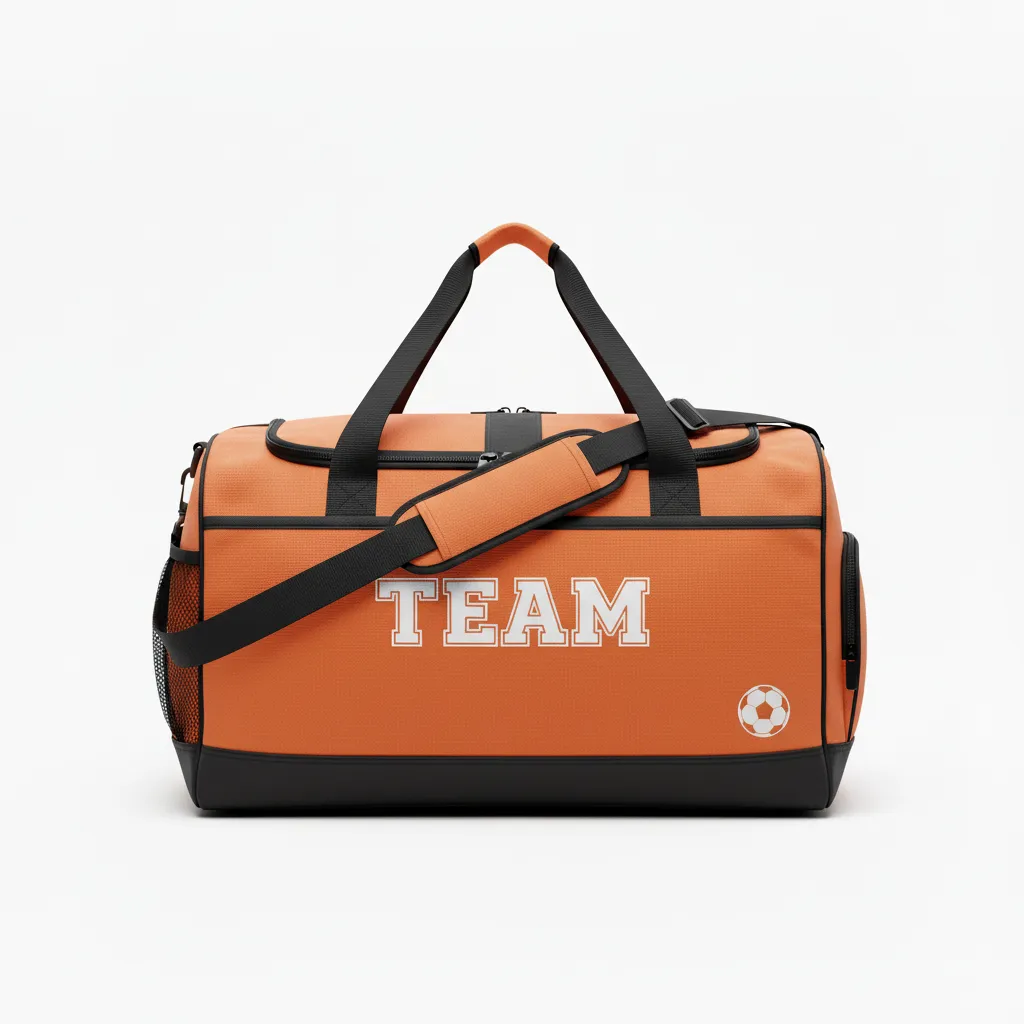 Custom Soccer Duffle Bag - Burnt, Orange, Black - Duffel - Front View - Kinexa Sportswear