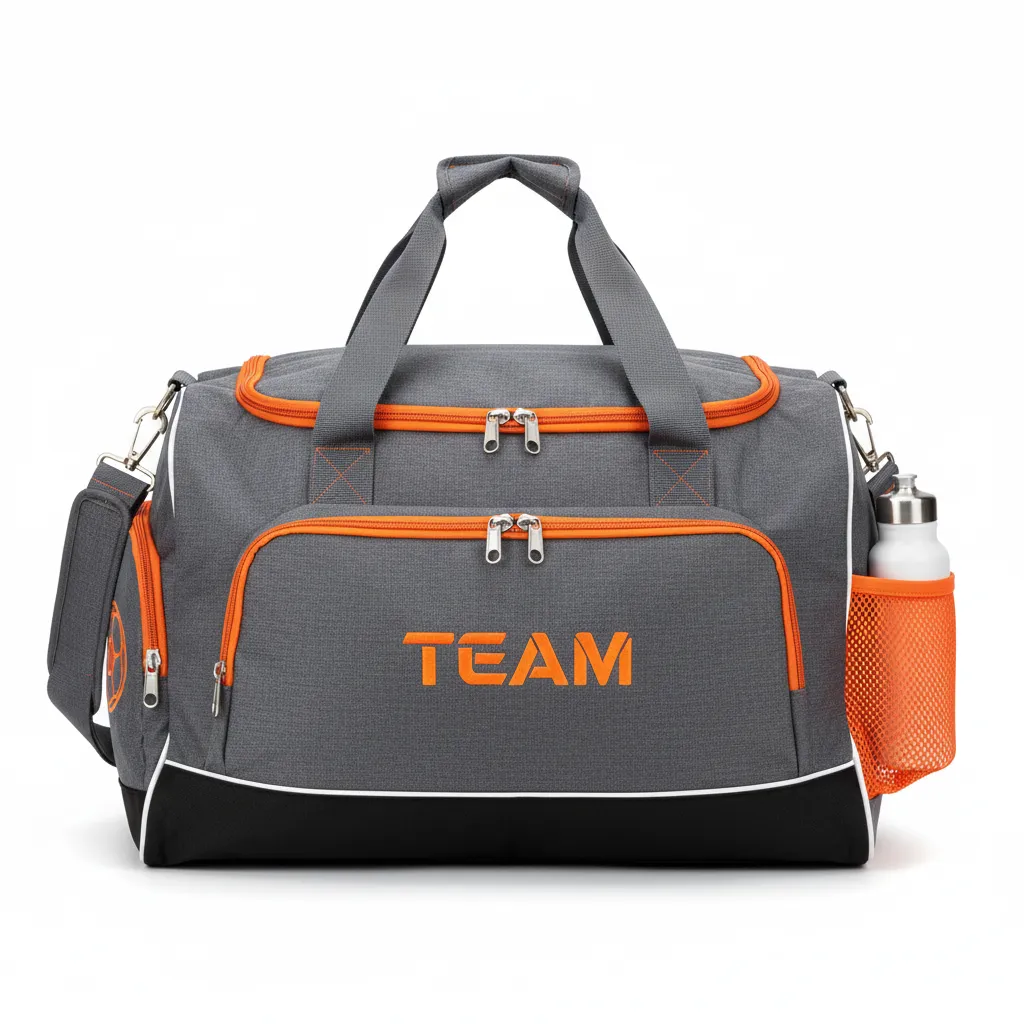 Custom Soccer Duffle Bag - Orange - Duffel Charcoal Neon - Front View - Kinexa Sportswear