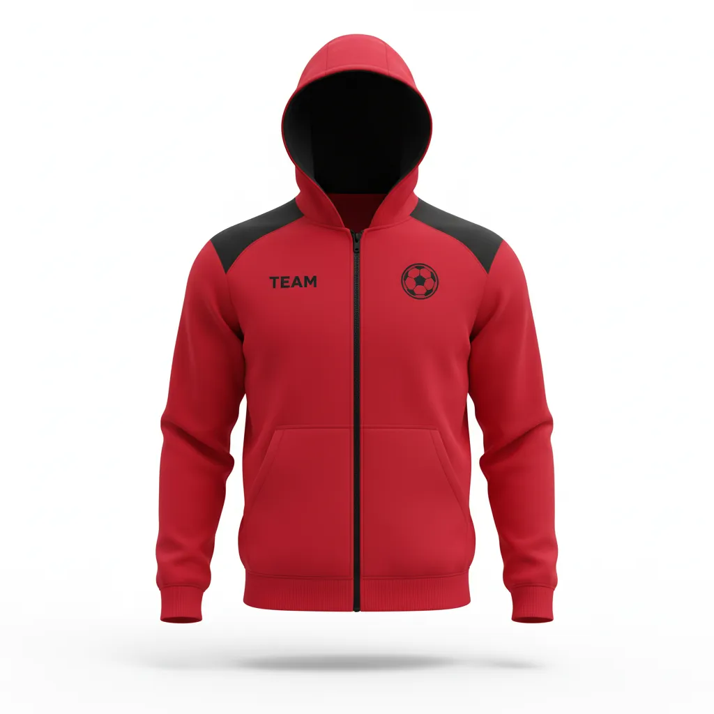 Custom Soccer Full Zip Hoodie - Red, Black - Fullzip Athletic Shoulder Panels - Front View - Kinexa Sportswear