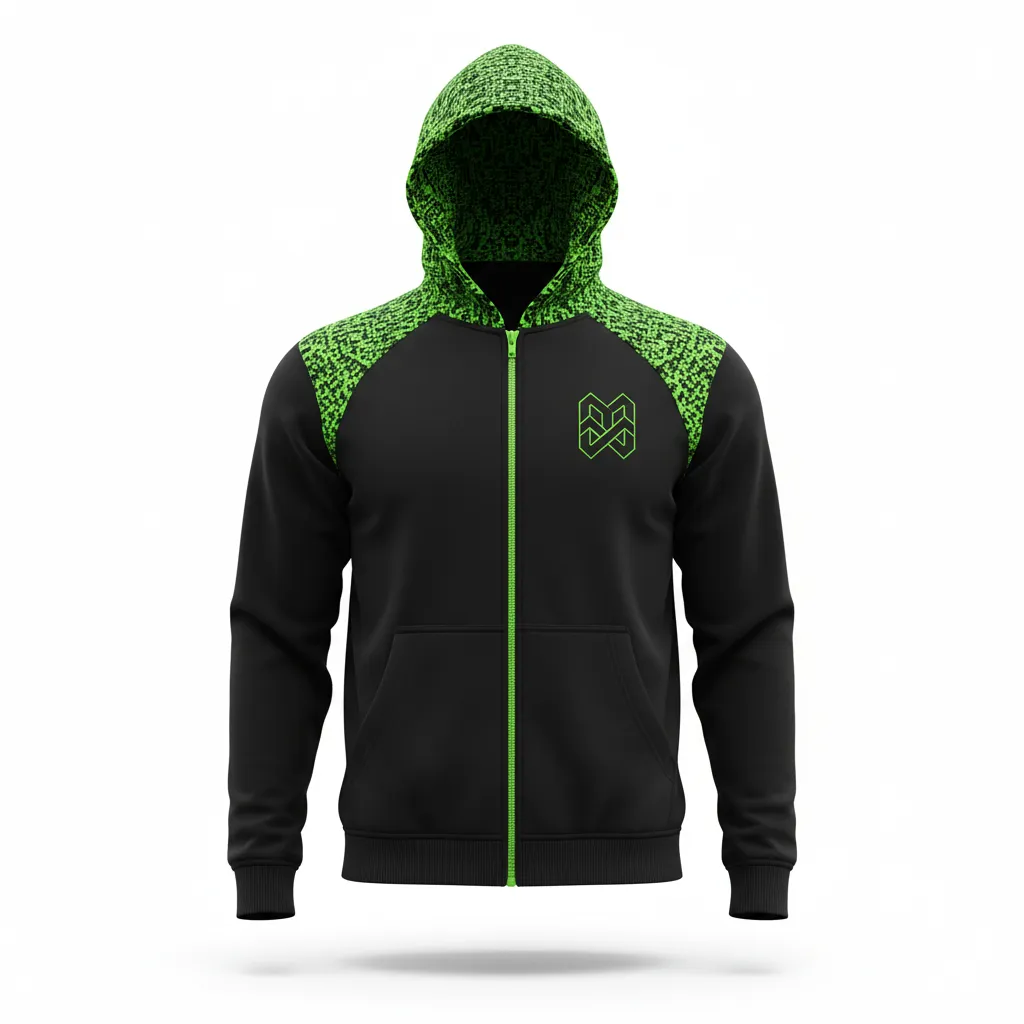 Custom Soccer Full Zip Hoodie - Black, Green - Fullzip Neon Digital - Front View - Kinexa Sportswear