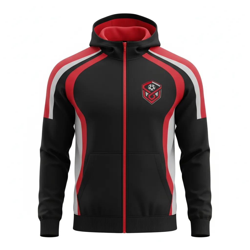 Custom Soccer Full Zip Hoodie - Black, Red, Grey - Fullzip Modern - Front View - Kinexa Sportswear