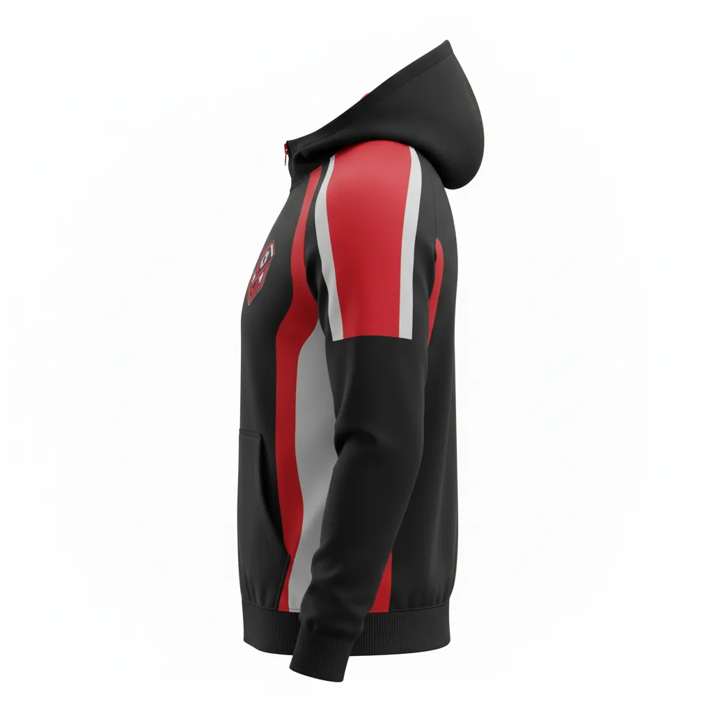 Custom Soccer Full Zip Hoodie - Black, Red, Grey - Fullzip Modern - Side View - Kinexa Sportswear