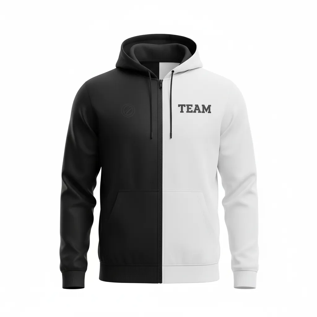 Custom Soccer Full Zip Hoodie - Black, White - Fullzip Split - Front View - Kinexa Sportswear