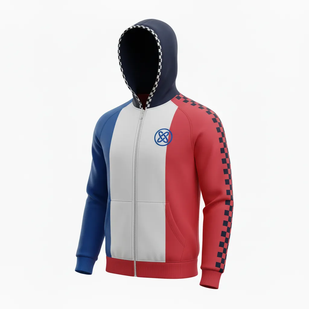 Custom Soccer Full Zip Hoodie - Blue, White, Red - Fullzip French - Front View - Kinexa Sportswear