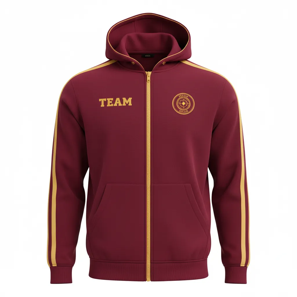 Custom Soccer Full Zip Hoodie - Burgundy, Gold - Fullzip Classic - Front View - Kinexa Sportswear