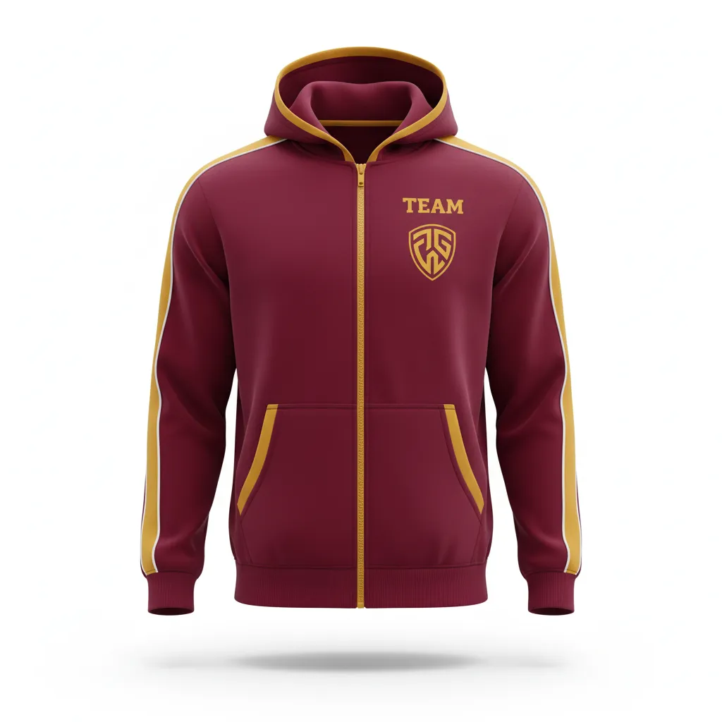 Custom Soccer Full Zip Hoodie - Burgundy, Gold, White - Fullzip Classic - Front View - Kinexa Sportswear