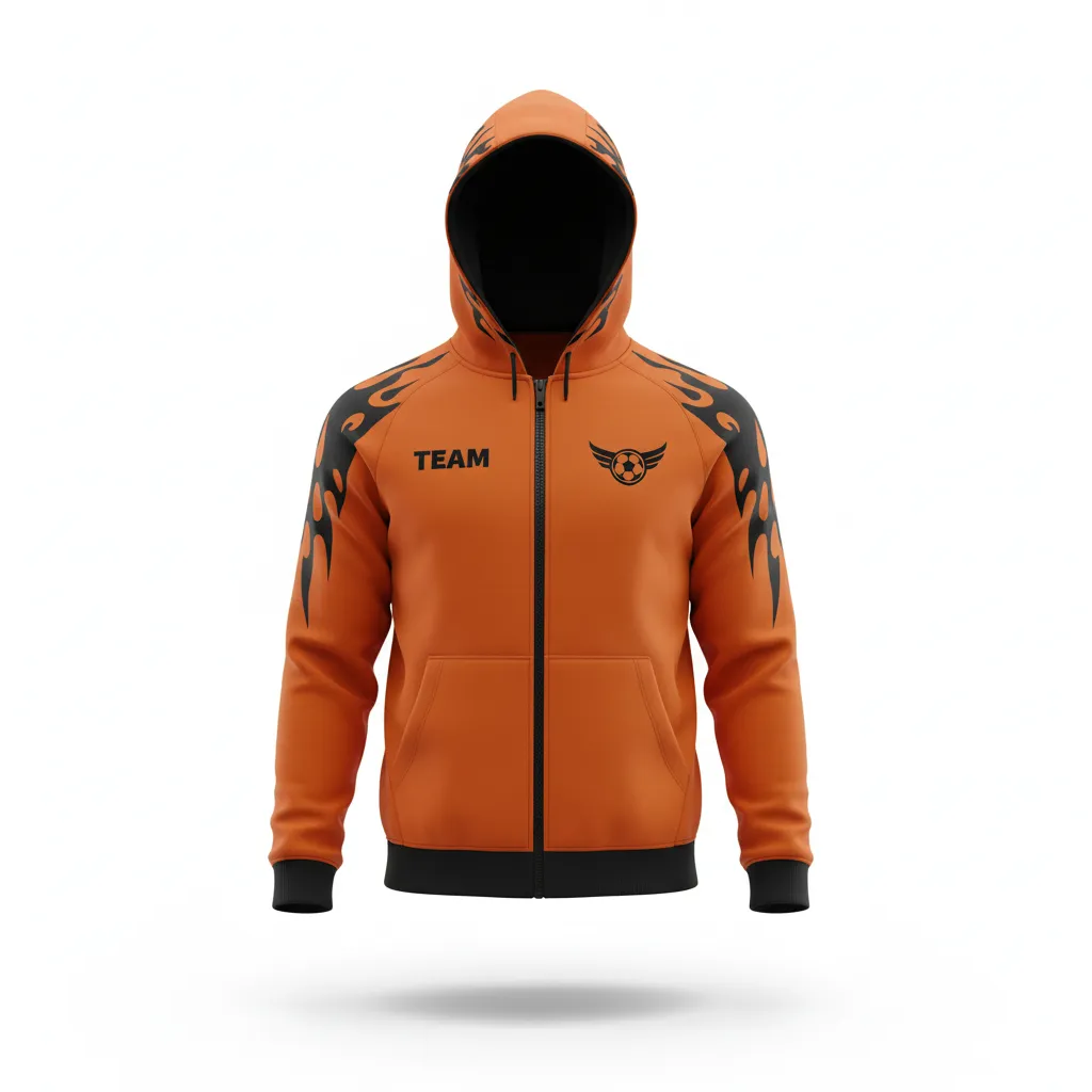 Custom Soccer Full Zip Hoodie - Burnt, Orange, Black - Fullzip Flame - Front View - Kinexa Sportswear