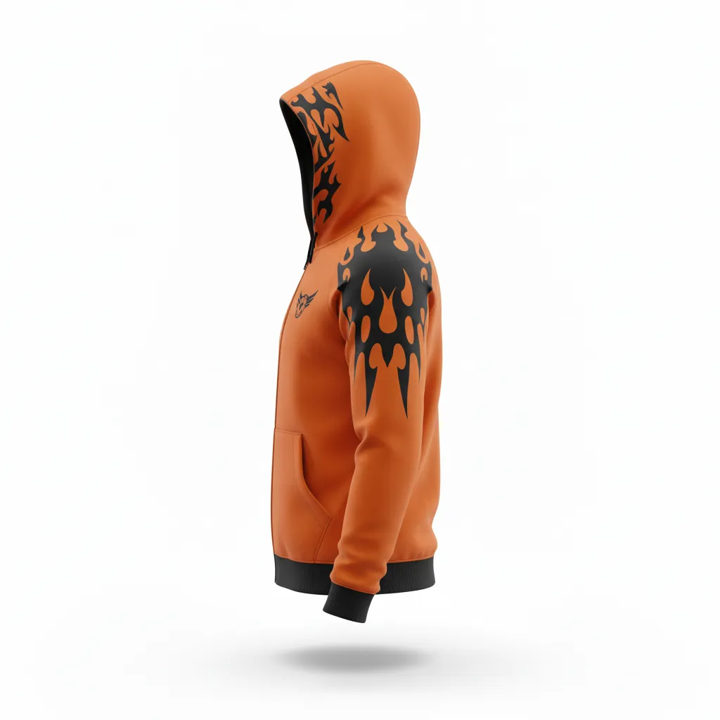 Custom Soccer Full Zip Hoodie - Burnt, Orange, Black - Fullzip Flame - Side View - Kinexa Sportswear