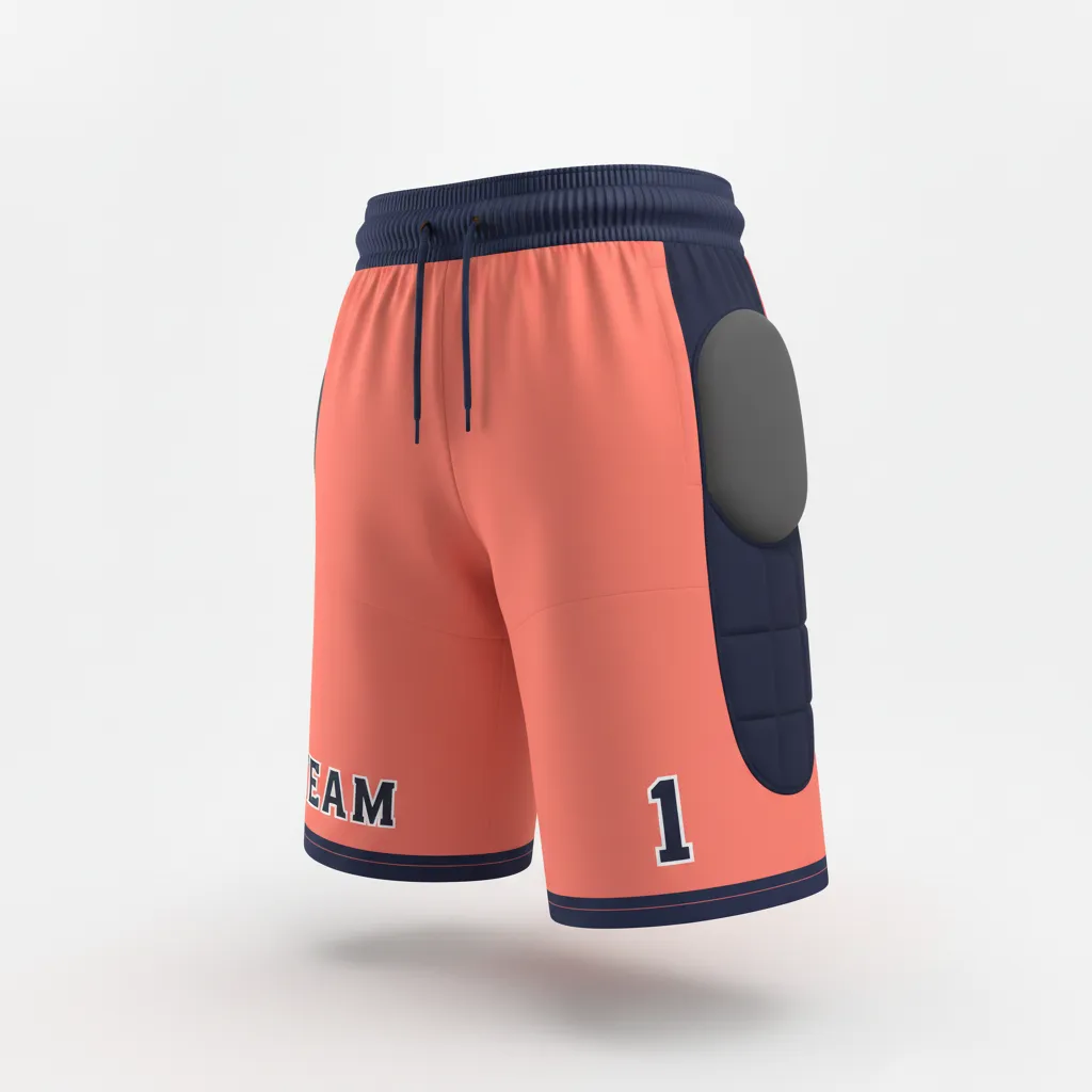 Custom Soccer Goalkeeper Padded Shorts - Navy - Coral Contrast - Front View - Kinexa Sportswear