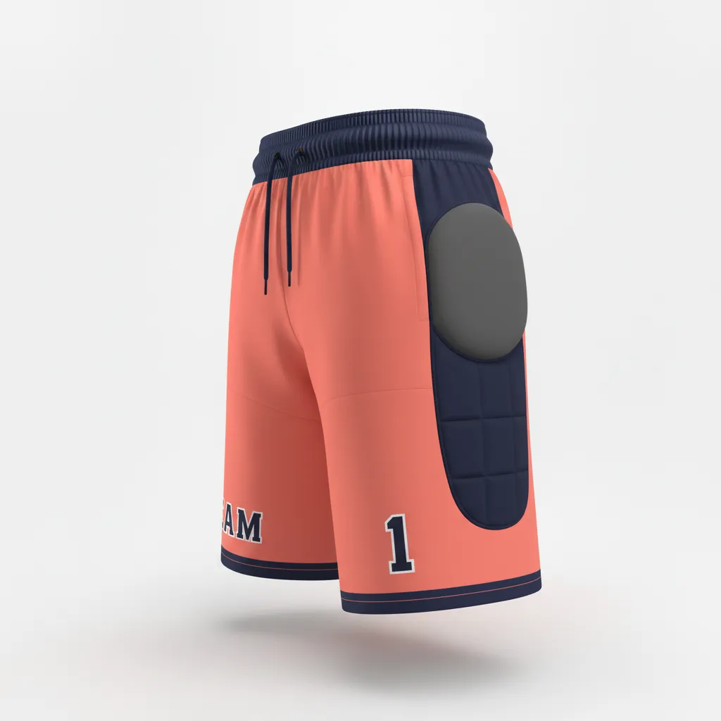 Custom Soccer Goalkeeper Padded Shorts - Navy - Coral Contrast - Side View - Kinexa Sportswear