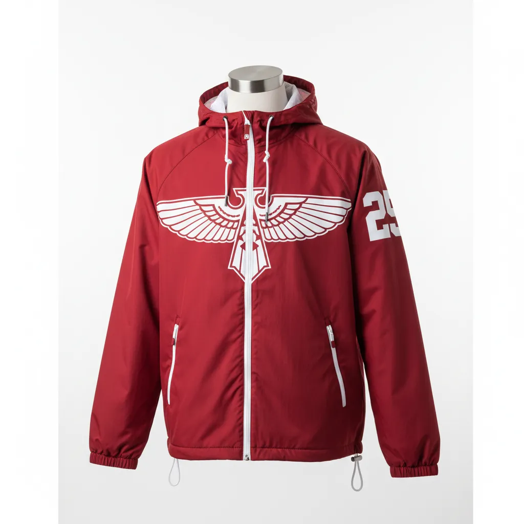 Custom Soccer Lightweight Rain Jacket - Red, White - Lacrosse Windbreaker Cardinal Thunderbird Spirit - Front View - Kinexa Sportswear