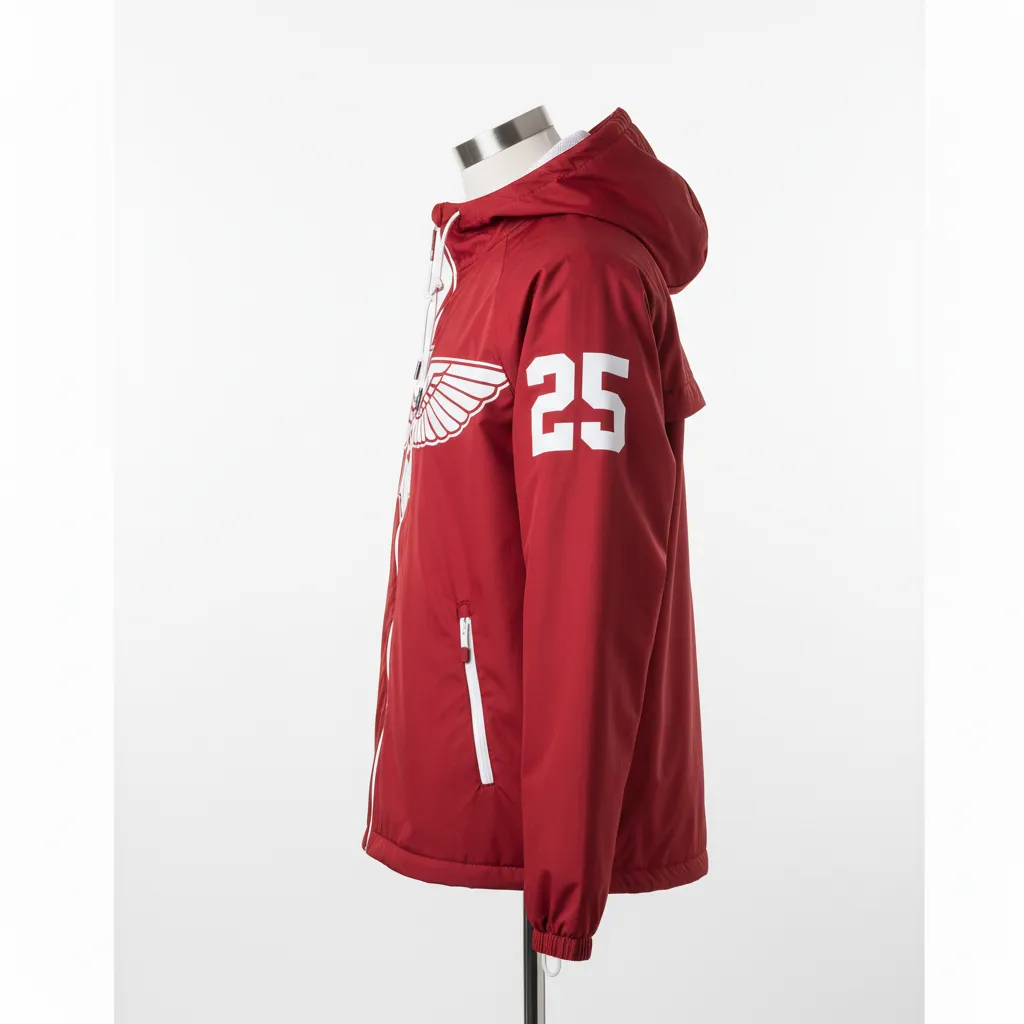 Custom Soccer Lightweight Rain Jacket - Red, White - Lacrosse Windbreaker Cardinal Thunderbird Spirit - Side View - Kinexa Sportswear