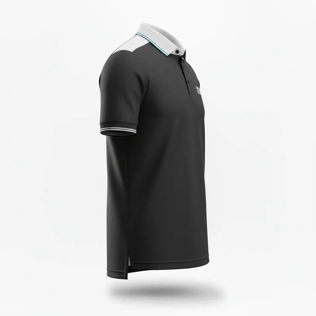 Custom Soccer Polo Style Soccer Jersey - Black, White - Travel - Side View - Kinexa Sportswear