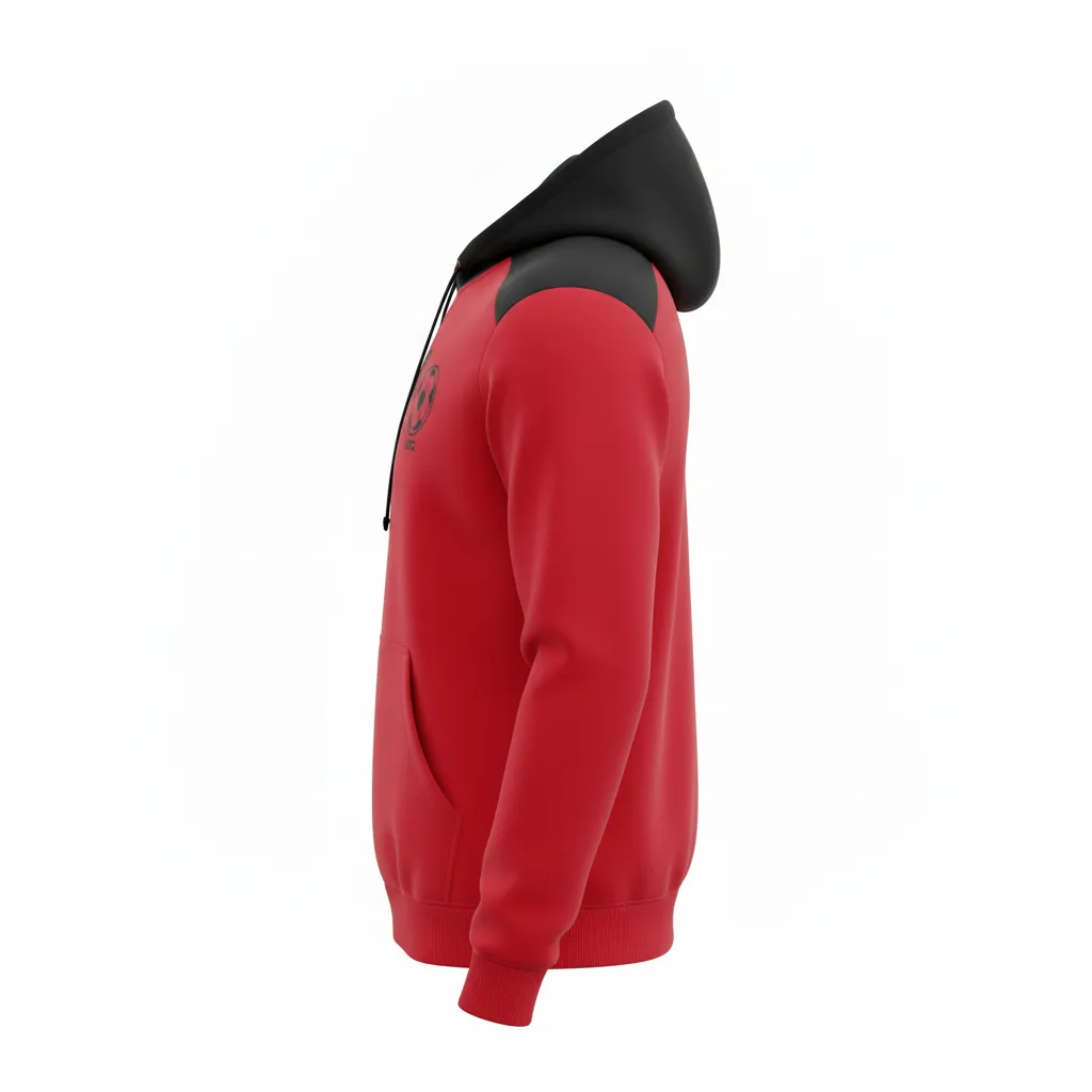 Custom Soccer Pullover Hoodie - Red, Black - Athletic Shoulder Panels - Side View - Kinexa Sportswear