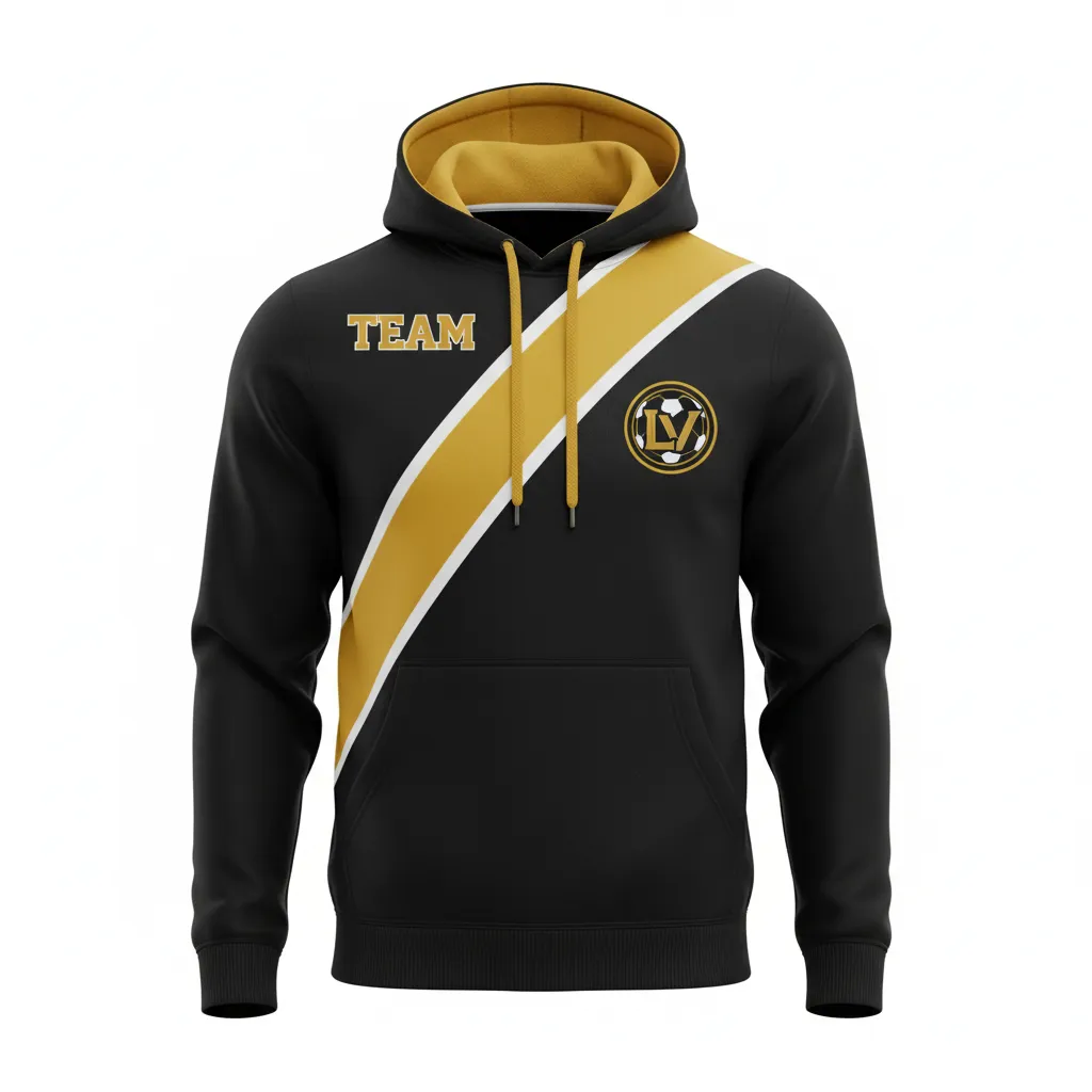 Custom Soccer Pullover Hoodie - Black, Gold, White - Vegas - Front View - Kinexa Sportswear