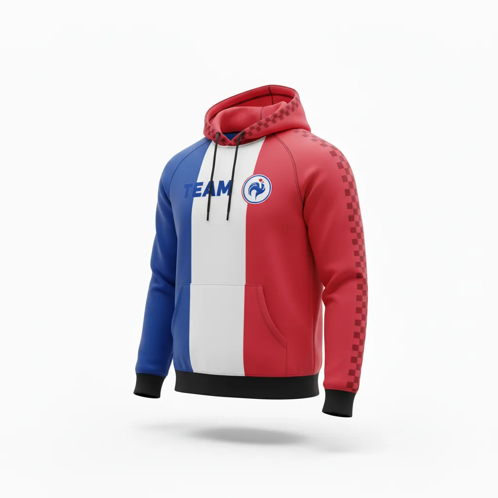 Custom Soccer Pullover Hoodie - Blue, White, Red - French - Front View - Kinexa Sportswear